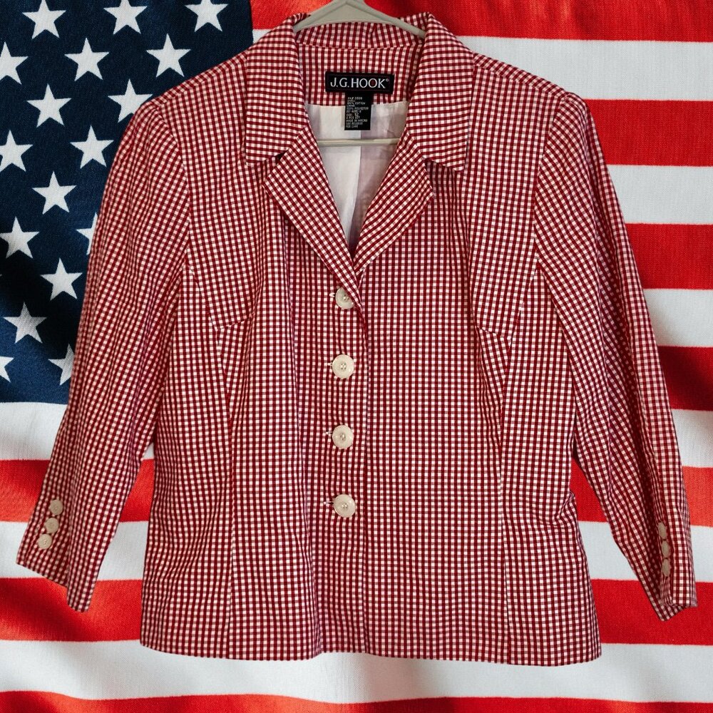 Lady's Red &o White Checked Jacket by JG Hook, Size 12; Lined; Good Cond.